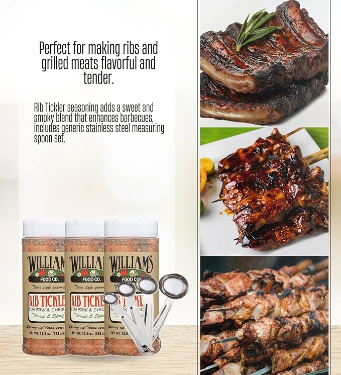 3x Williams Food Co Seasoning Rib Tickler 13.5 OZ – Bundle with Measuring Spoon Set – Includes Williams Chili Seasoning for Ideally Seasoned Ribs and Chili – Gift Set (4 Items)