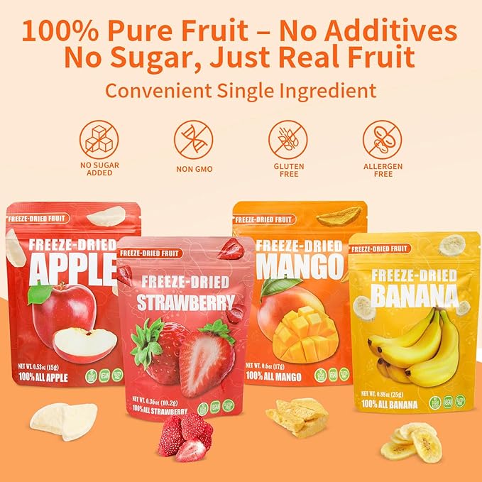 Large Freeze Dried Fruit Snacks Variety Pack - 8 Single Bags with Apple Mango Strawberry Banana - Gluten Free Portable Snack for Kids School Lunch Travel Office - No Sugar Added (4.65oz/132g)