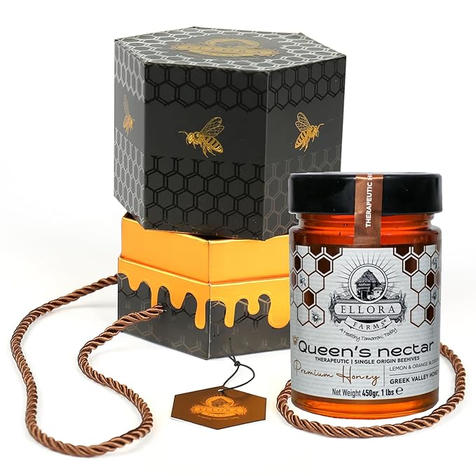 Ellora Farms Greek Pure Raw Honey Lemon &amp Orange Blossom Island of Crete Kosher Gold &amp Platinum Awards Non-GMO and Unpasteurized Gift Pack with Dipper 450g (160z)