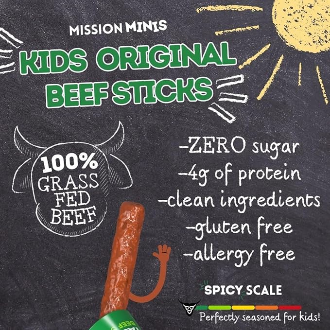 Mission Meats Kids Beef Sticks 100% Grass Fed Healthy Snacks for Kids Zero Sugar 9g Protein per Serving Gluten &amp Nut Free Individually Wrapped Mini 0.5oz (72ct Bag)