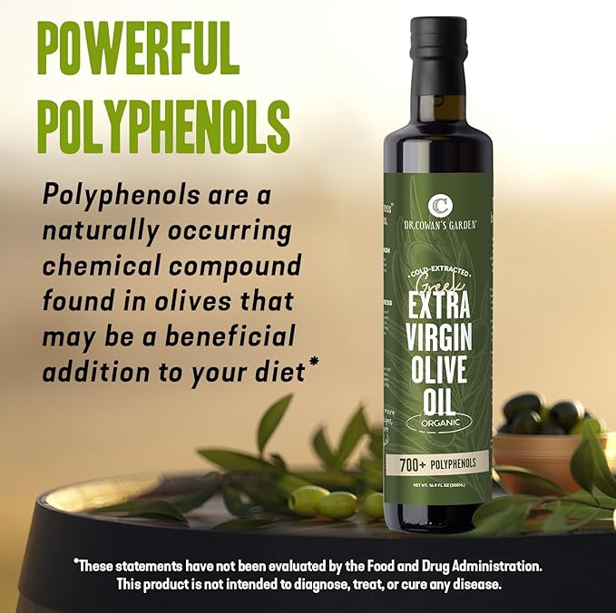 Dr. Cowan’s Garden 700+ Polyphenol Certified Organic Greek Extra Virgin Olive Oil - Single Estate Extra Virgin Olive Oil with Highest Polyphenols Sourced from Koroneiki Trees Cold-Pressed 16.9 FL Oz