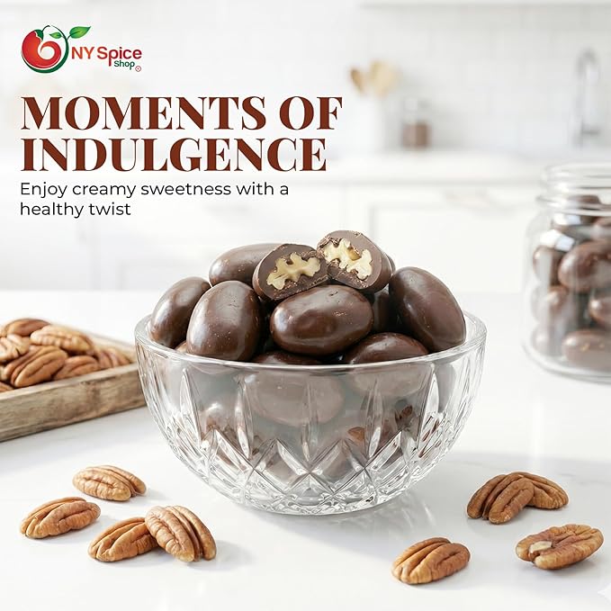NY Spice Shop Dark Chocolate Pecans - 1 Pound Gourmet Chocolate Nuts - Winter Holiday Candies for Parties Dessert Tables Gift Baskets Seasonal Snacking and Winter Festive Treats