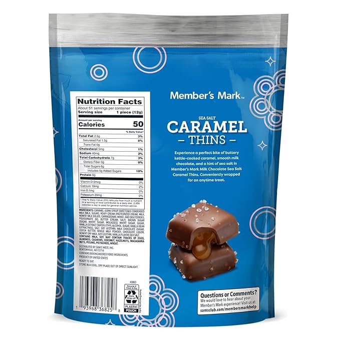 Member Marks Milk Chocolate Sea Salt Caramel Thins (50 Count) 21.57 Oz - 2 Pack - Creamy Milk Chocolate with Velvety Caramel Filling &amp Sea Salt - Individually Wrapped Gourmet Snacks
