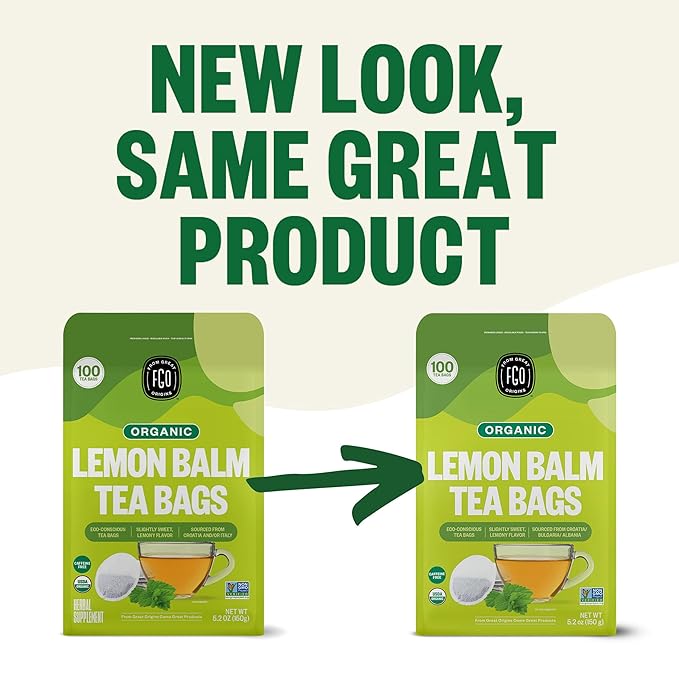 FGO Organic Lemon Balm Tea 100 Count Eco-Conscious Herbal Tea Bags Resealable Bag Caffeine Free Packaging May Vary (Pack of 1)