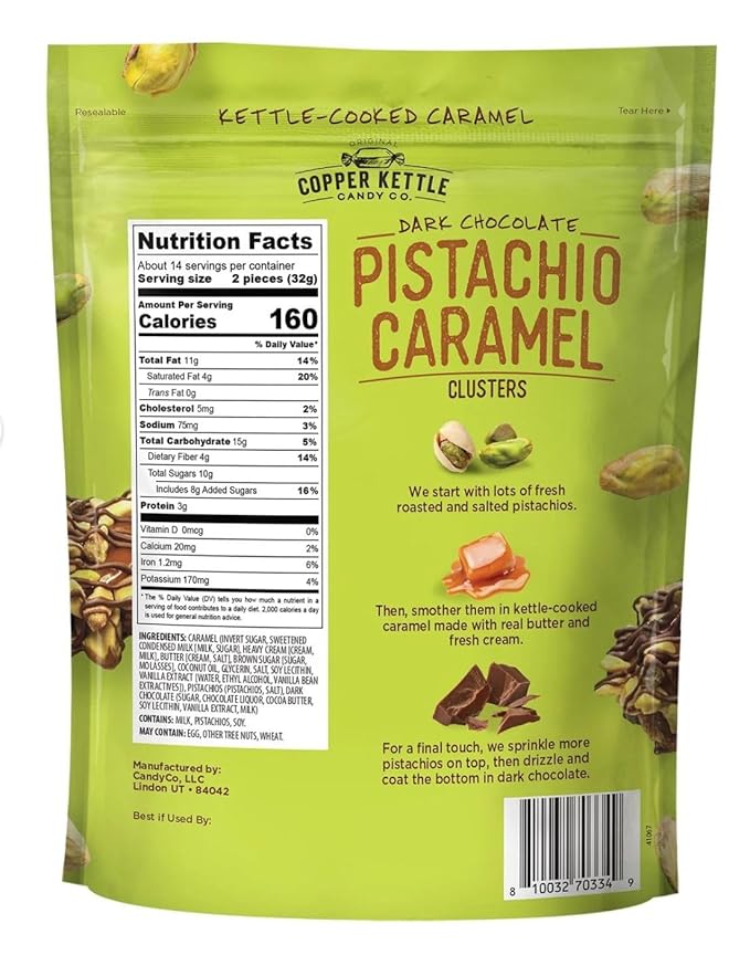 2 Copper Kettle Candy Co Dark Chocolate Pistachio Caramel Clusters 16 oz