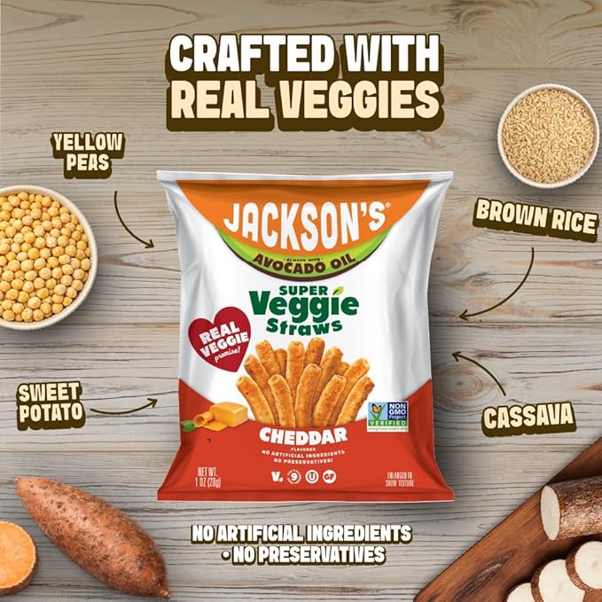 Jackson’s Super Veggie Straws™ (Cheddar 1 oz Pack of 10) – Gluten Free Vegan Snacks for Kids &amp Adults – Made with Premium Avocado Oil – Allergen-friendly Veggie Straws Individual Bags