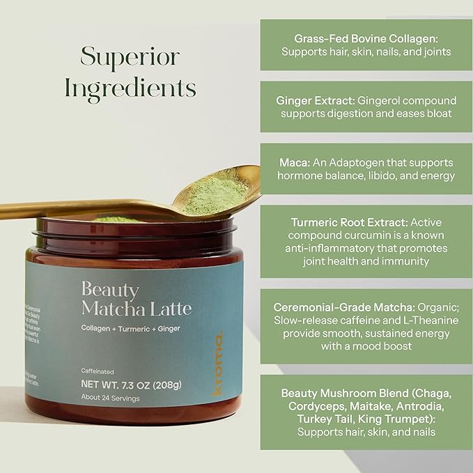 Kroma’s Beauty Matcha Latte Powder 7.18 Oz 204g 24 Servings – Collagen Ceremonial Grade Matcha Green Tea with Protein for Glowing Skin &amp Hair Support w/ Bovine Collagen Ginger &amp Turmeric -