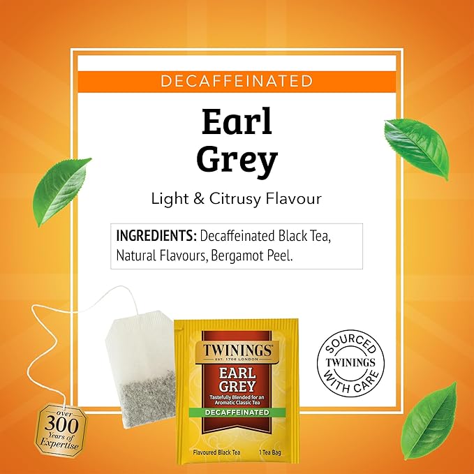 Twinings Decaffeinated Earl Grey Black Tea Individually Wrapped Bags 20 Count (Pack of 6) Flavoured with Citrus and Bergamot Enjoy Hot or Iced 120 Teabags