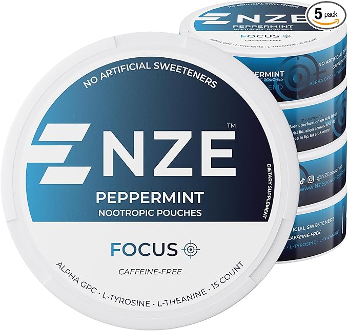 NZE Caffeine Free Nootropic Pouches (Peppermint) - Nootropic Pouches with Alpha GPC L-Tyrosine &amp L-Theanine - No Sugar or Artificial Sweeteners - 15 Nicotine Free Pouches Per Can - 5 Pack