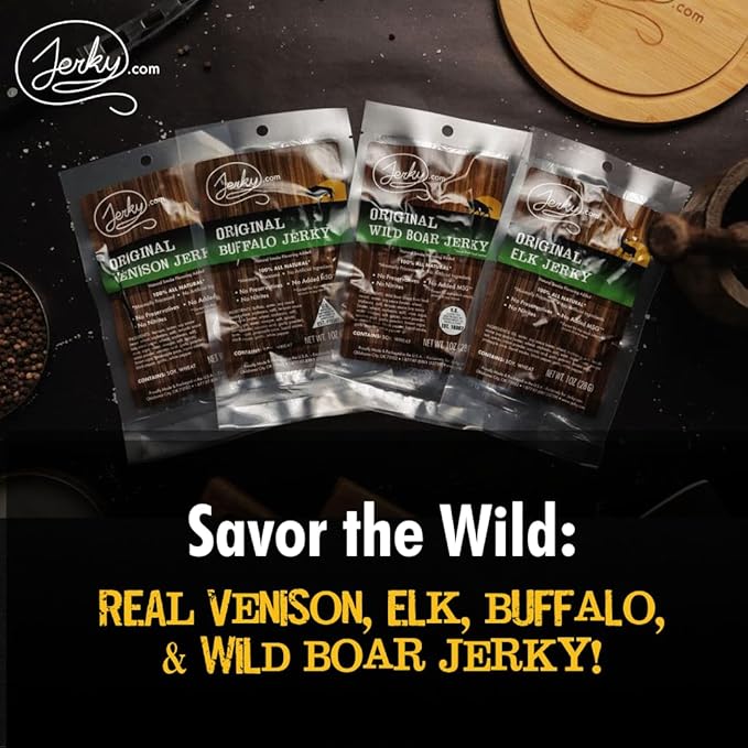 Jerky.com Exotic Jerky Gift Box | 8pc Wild Game Exotic Jerky Variety Pack with Venison Elk Wild Boar &amp Buffalo | High Protein Low Fat Keto Exotic Meat Snacks Jerky Gifts | Birthday Gifts for