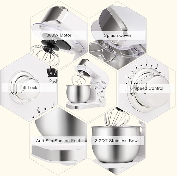 Kitchen in the box Stand Mixer3.2Qt Mini Electric Food Mixer6 Speeds Portable Lightweight Kitchen Mixer for Daily Use with Egg WhiskDough HookFlat Beater (White)