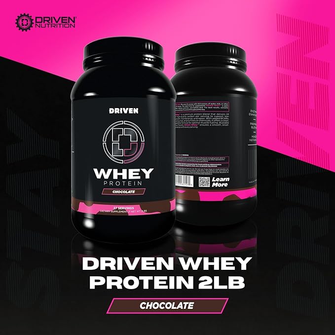 Driven WHEY- Grass Fed Whey Protein Powder: Delicious Clean Protein Shake- Improve Muscle Recovery with 23 Grams of Protein with Added BCAA and Digestive Enzymes (2 lb Chocolate Milkshake)