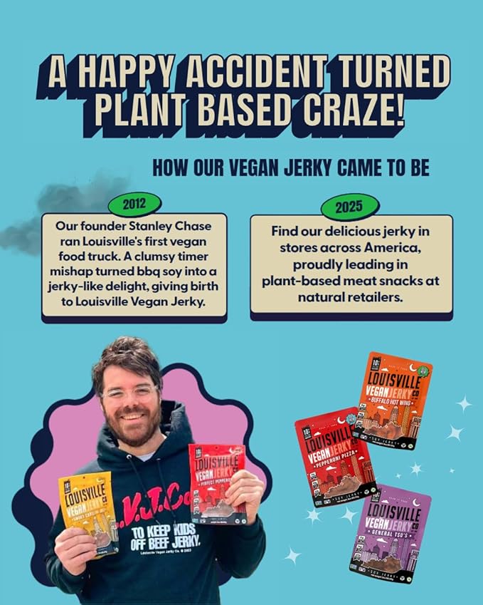 Louisville Jerky Co. Vegan Jerky Variety Pack Plant Based Protein Snack (3 Ounce 5-Pack) – Smoky Carolina BBQ Buffalo Hot Wing Maple Bacon Smoked Black Pepper General Tso