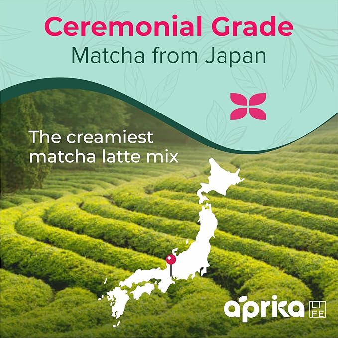 AprikaLife Matcha Latte Powder Premium Barista Crafted Mix with Natural Vanilla Flavor - Authentically Japanese - 1st Harvest Ceremonial Grade Sweet Matcha Powder Used by Coffee Shops 6.8 oz / 180g