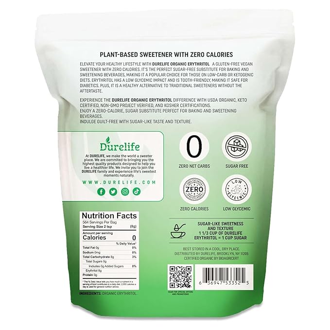 Durelife USDA organic erythritol sweetener non gmo verified Keto certified No After Taste Kosher Zero Calorie Plant-Based Sugar Alternative 10 LB