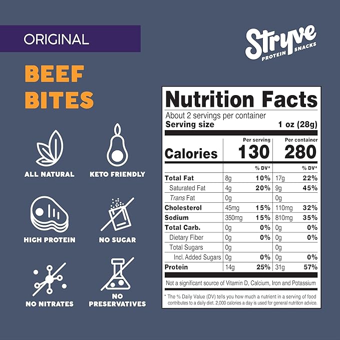 Stryve Protein Snacks - Protein Rich Beef Bites | 28g Protein Sugar Free Carbs Free Gluten Free Dairy Free Keto &amp Paleo Friendly | Original Pack Of 4