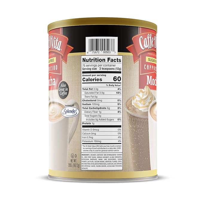 Caffe D'Vita Sugar Free Mocha Cappuccino Mix - Sugar Free Mocha Mix Gluten Free No Cholesterol No Trans Fat 99% Caffeine Free - 2 lb. (32 oz.) can