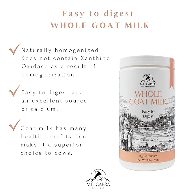 Mt. Capra Whole Goat Milk | from Non-GMO Grass-Fed Goats Creamy Great Tasting Easy to Digest A2 Milk | 16 Servings - 1 Pound