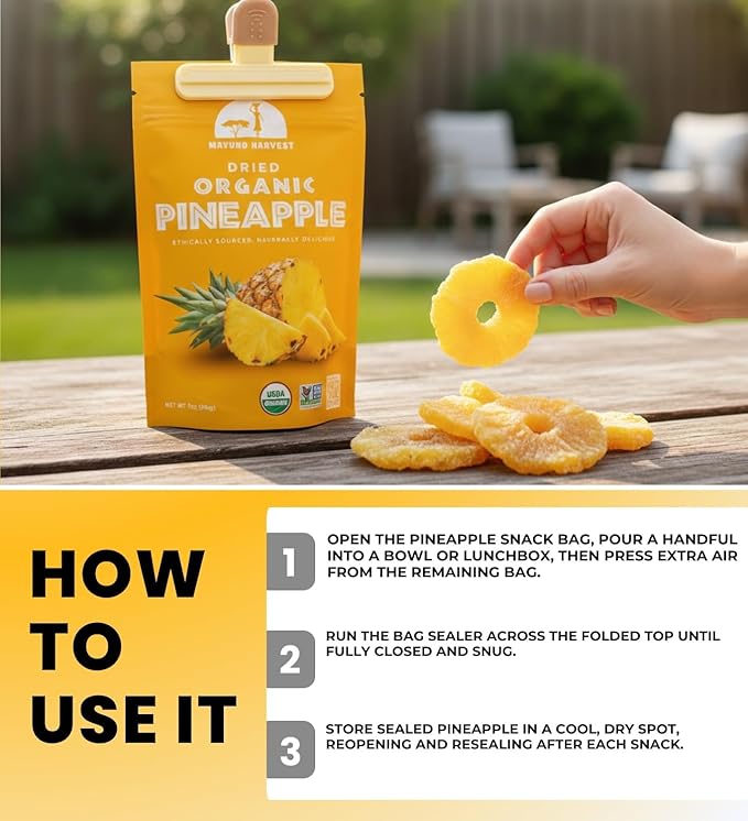 Mavuno Harvest Dried Pineapple – 6 Pack (2 oz Each) – Snack Bundle for Sharing &amp Gifting – Bright Fruit Taste &amp Chewy Slices – Tropical Selection – Resealable Packs with Plastic Bag Clip