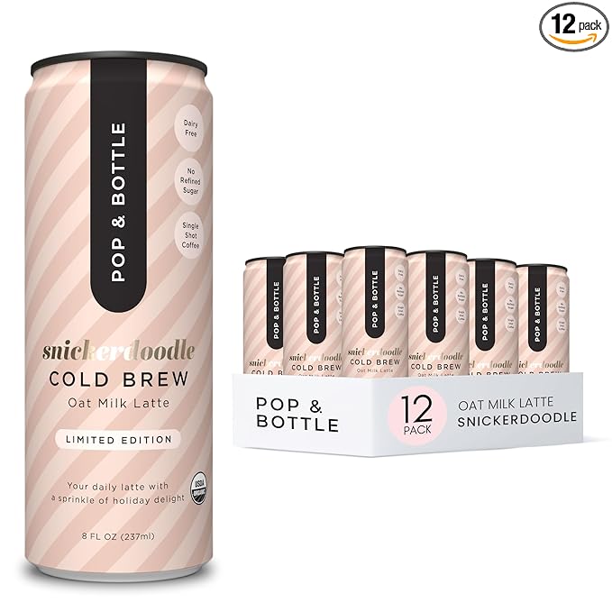 Pop &amp Bottle Oat Milk Lattes- Cold Brew Cold Brew Coffee Cans Canned Coffee Iced Coffee Organic Dairy Free Gluten Free Lightly Sweetened with Coconut Nectar- Snickerdoodle 8 Fl Oz (12 Pack