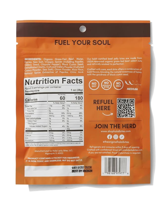 Mixed Flavor 3-Pack (Bulk Size) Halal Bites Ghost Pepper Flavor Beef Jerky Original Ghost Pepper + Chipotle Flavors Organic Grass-Fed Beef Naturally Smoked Infused with Honey &amp Black Cumin Se