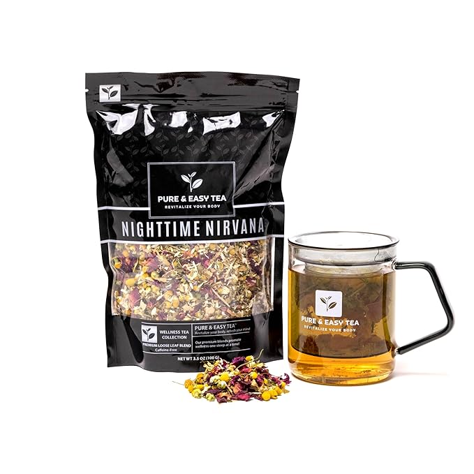 Pure And Easy Tea Nighttime Nirvana Caffeine-Free Herbal Sleep &amp Relaxation Tea Loose Leaf Blend with Chamomile Lavender &amp Lemon Balm Premium Wellness Tea (100g)