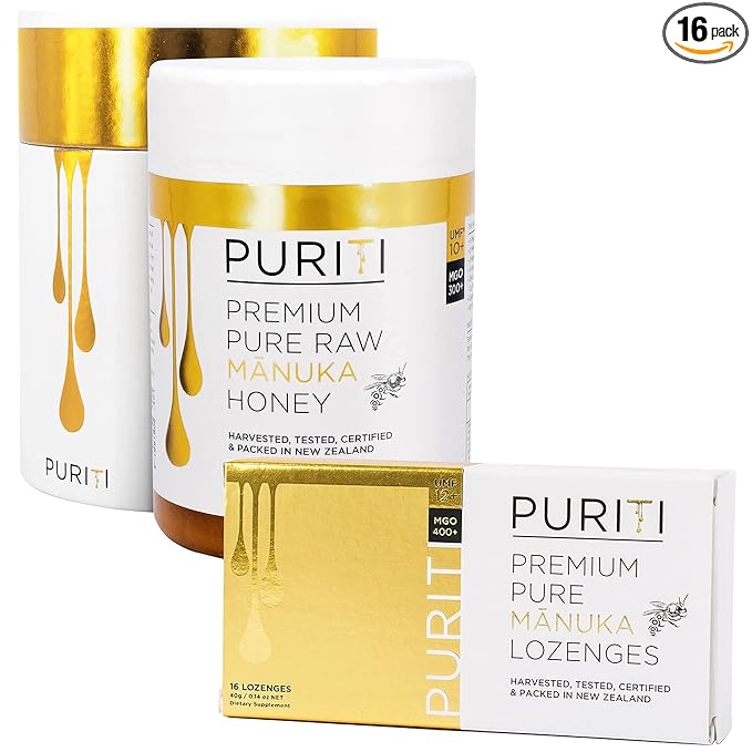 PURITI Manuka Honey Lozenges UMF 12+ (16 Pack) Manuka Honey UMF 10+ | Premium Sugar Free Throat Soothers for Coughs &amp Sore Throats | Premium Quality Authentic Superfood from New Zealand