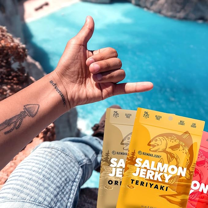 Kaimana Jerky Wild Caught Salmon Jerky - Organic Dried Fish Strips Rich in Omega-3 Protein - Low-Calorie Seafood Snack with No Gluten Less Sodium &amp Sugar - Original Teriyaki Spicy Flavors - 3-