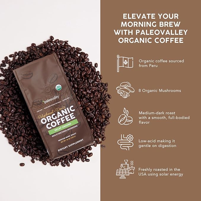 Paleovalley Organic Ground Coffee 10oz - Decaf Low Acid Single-Origin Polyphenol-Rich Infused with Mushrooms