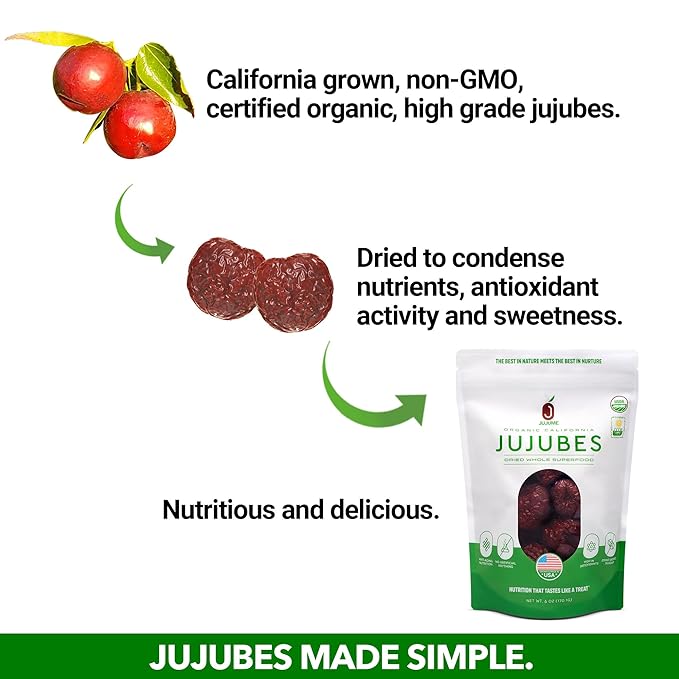JUJUME | USDA Organic California Grown Jujubes Red Dates | Individually Sorted 3X for QA | High Grade Superfood | Healthy Dried Fruit | Certified All-Natural Non-GMO | 10-pack 6 oz. bags
