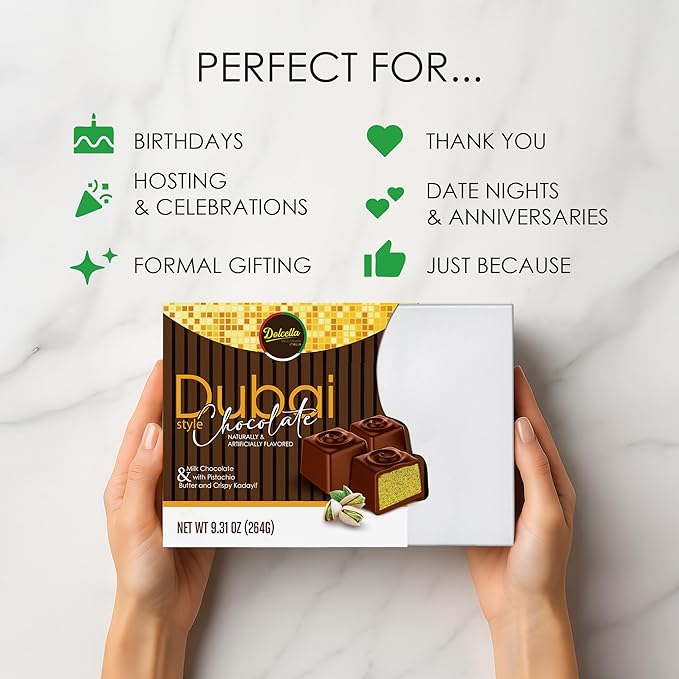 Dolcella Dubai Chocolate Truffles Gift Box – Milk Chocolate with Pistachio Cream Butter &amp Crispy Kataifi | 24-Piece Luxury Chocolate Candy Box | 9.31 OZ (264g)