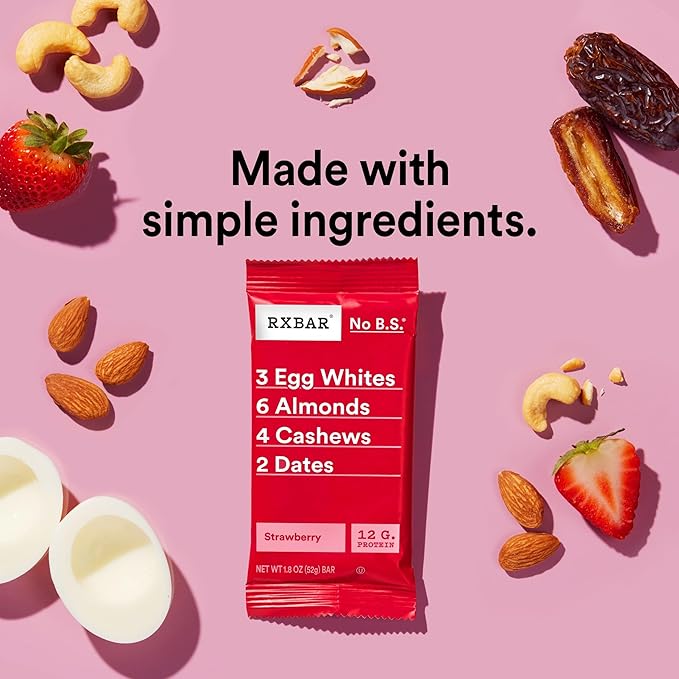 RXBAR Protein Bars 12g Protein Gluten Free Snacks Strawberry 22oz Box (12 Bars)