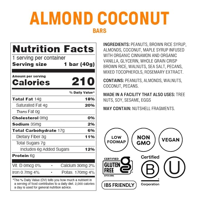 Fody Foods Snack Bars Almond Coconut 1.41 Oz (Pack of 12) 6g Protein Low FODMAP Gut &amp IBS Friendly Vegan Lactose Free Non-GMO Gluten Free