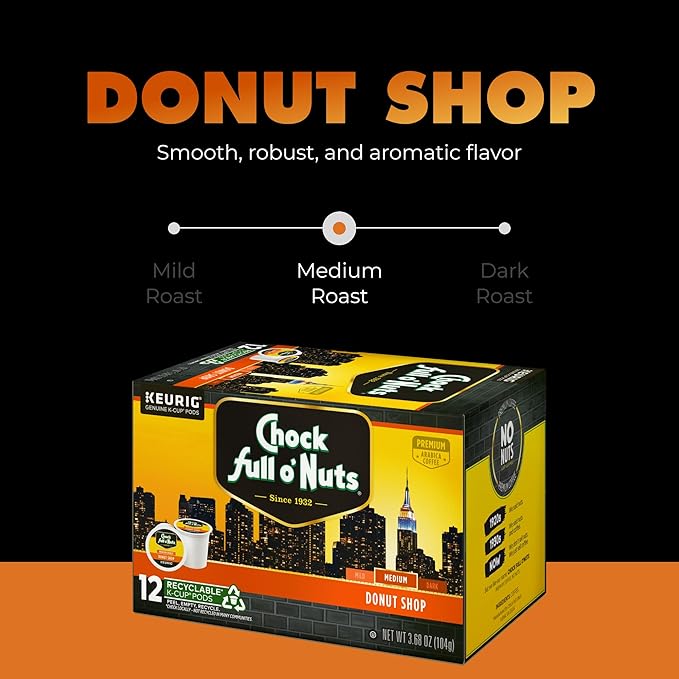 Chock Full o' Nuts Donut Shop Keurig K-Cup Pods for Keurig Brewers – Premium Arabica Medium Roast – Single Serve – 4 Packs of 24 K-Cup Pods