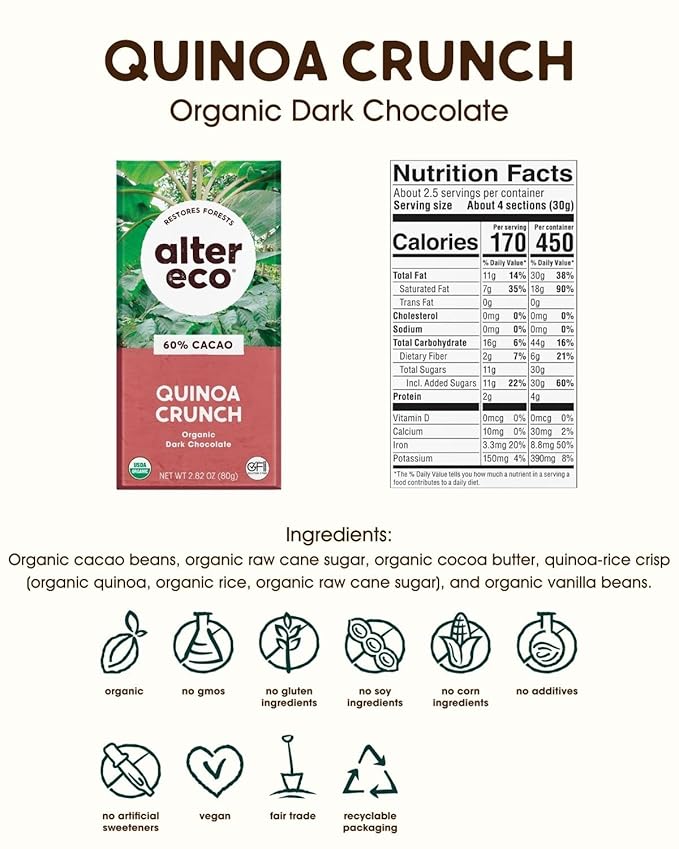 Alter Eco | Dark Chocolate Bars | Pure Dark Cocoa Fair Trade Organic Non-GMO Gluten Free (6-Pack Quinoa Crunch)
