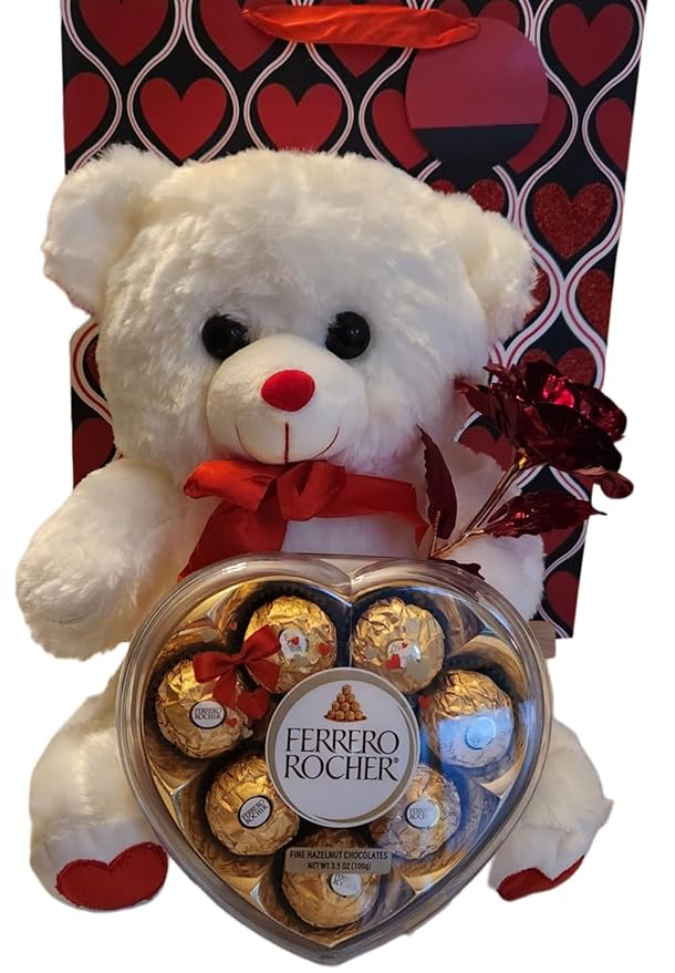 Ferrero Rocher Valentine's Day Gift Bundle -Assorted Chocolate Teddy Bear Share The Love Holographic Rose Valentines Day Themed Gift Bag (Ferrero Rocher Heart Chocolate Box)