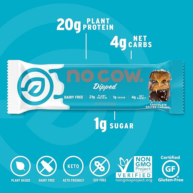 No Cow High Protein Bars Chocolate Salted Caramel - Healthy Snacks 20g Vegan Protein High Fiber Low Sugar Keto Friendly Dairy &amp Gluten Free (12 Count)