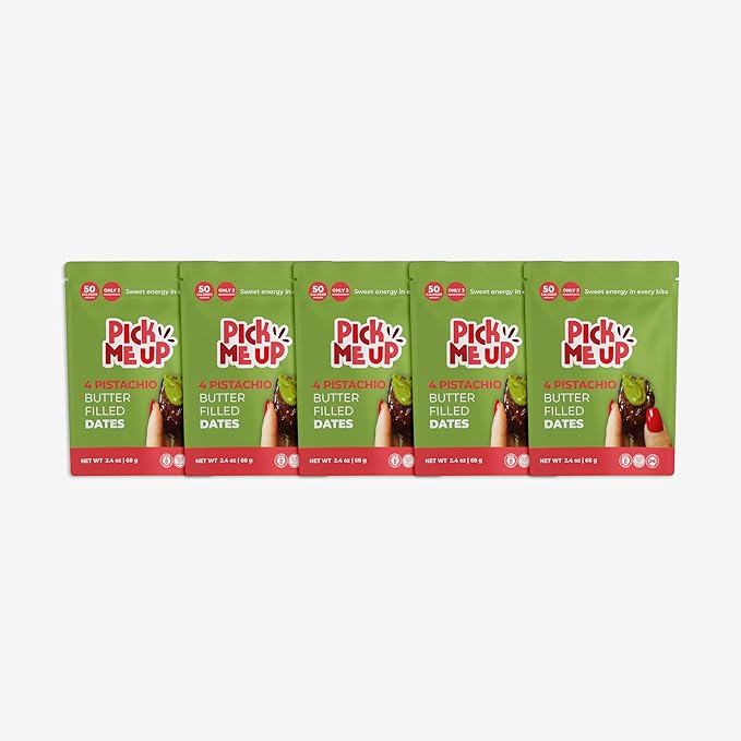 Pick Me Up Snacks – Organic Medjool Dates Pitted and Filled with Creamy Pistachio Butter – 4 Dates per 2.4 oz Pack – Vegan Gluten-Free No Added Sugar – Healthy On-the-Go Energy Snack – Pack of 5 po