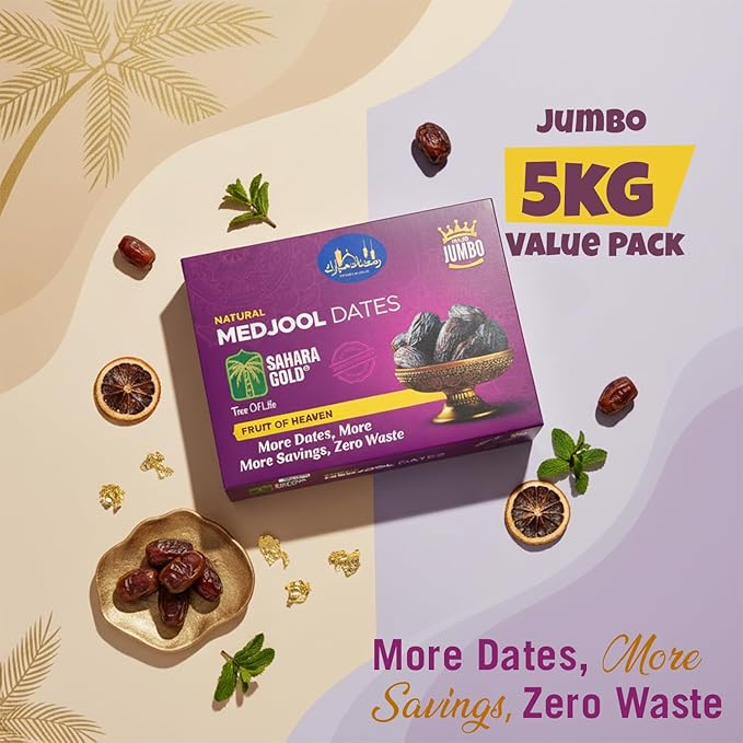 Sahara Gold Medjool Dates - Whole Sticky Gluten-Free Natural Sweet Non-Pitted Dates Medjool - Soft Plump High Fiber Fruit Perfect For Ramadan Snacking Jumbo Pack 11 Lb (5 kg)