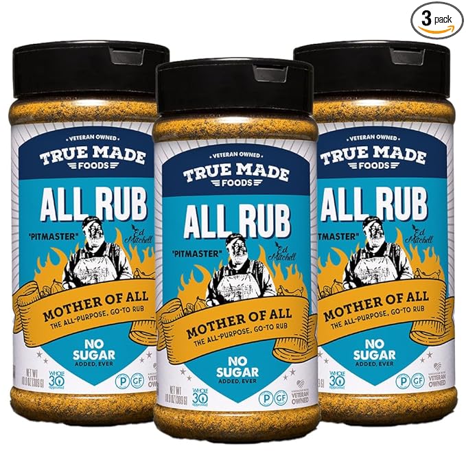 True Made Foods Ed Mitchell's Award Winning Pitmaster BBQ All-Purpose Rub - 10.9 oz 3 Pack- Mother-of-All-Rubs for Chicken Fish Veggies Snacks - Ideal for BBQ Grill BBQ Sauce BBQ Rubs and Spices