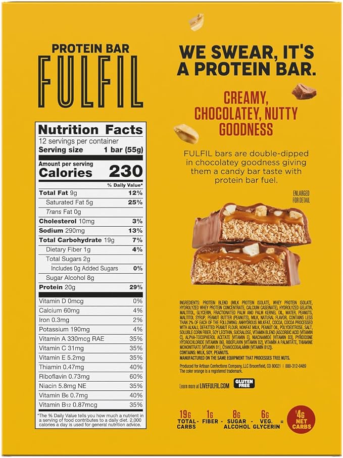 FULFIL Chocolate Peanut Butter Flavored Protein Bar Made with REESE's Peanut Butter Gluten Free with 20g Protein Pantry Staples 12 Count