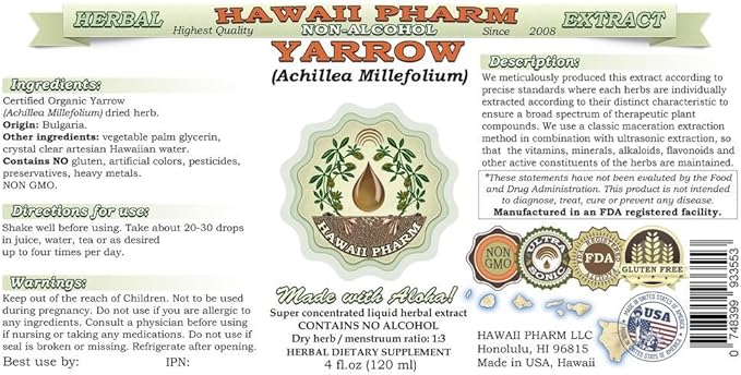 Hawaii Pharm Yarrow Alcohol-Free Liquid Extract Professional Grade Small Batch Crafted Yarrow (Achillea millefolium) Dried Herb Glycerite Natural Herbal Supplement 4 fl.oz