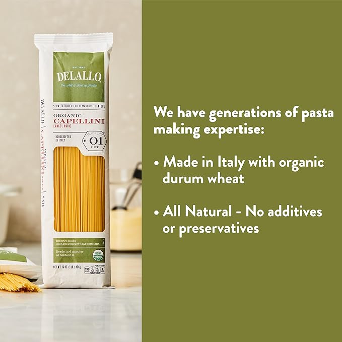 DeLallo Organic Capellini Pasta Made with Only 100% Semolina Durum Wheat Flour Bronze Cut Made in Italy Non-GMO Kosher Vegan Preservative Free 1 Pound Bag (16 Pack)