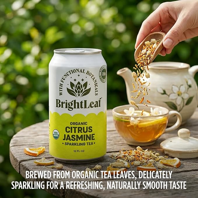 BrightLeaf Citrus Jasmine Sparkling Tea with Functional Benefits for Light Energy – Regenerative Organic Lightly Caffeinated Functional Tea Zero Sugar Zero Calories Zero Sweeteners – 12oz Cans 12