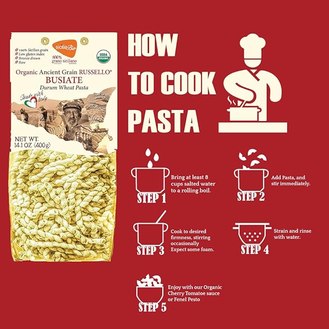 Terre e Tradizioni 6 PACKS ORGANIC ITALIAN SEMI WHOLE DURUM WHEAT BUSIATE PASTA – Sicilian Ancient Grain Vegan Crafted in Italy. LOW-GLUTEN INDEX. Has 6X More Fiber and Farm Fresh from Sicily Italy