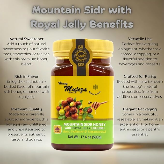 Authentic Mountain Sidr Honey with Royal Jelly – Jujube Honey Supports Mental Health Memory and Cognition 100% Natural Raw Liquid Honey Gluten Free (500g / 17.6oz)