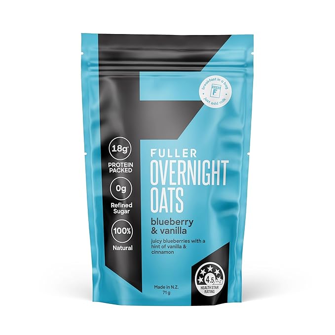 Delicious Blueberry Vanilla High Protein Overnight Oats - Nutritionist Designed FULLER For Longer With Low Sugar High Fiber &amp Premium Slow Release Casein - Ziplock Portable - Glyphosate Free Oatm