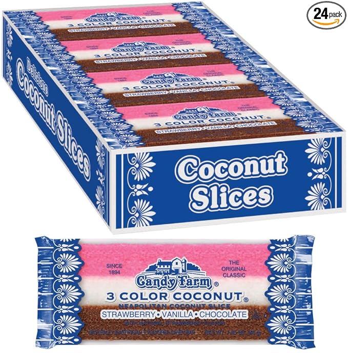 Neapolitan Coconut Slice Candy Bars (Vanilla Chocolate &amp Strawberry-striped moist coconut 1.65 Ounce Bars) 24 Count