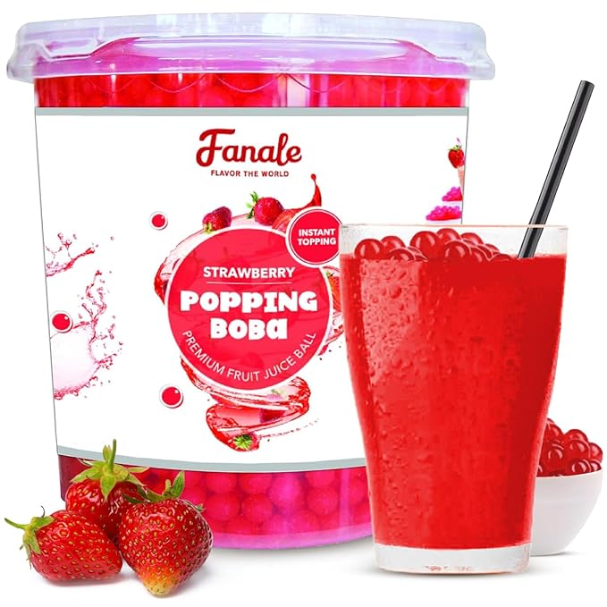 Fanale Strawberry Popping Boba Pearls Vegan Non GMO Gluten Free Fat Free Perfect for Bubble Tea Smoothies Ice Cream Desserts and Beverages.