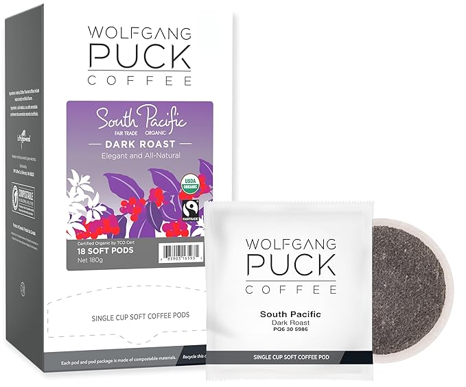 Wolfgang Puck Coffee Organic South Pacific Dark Fair Trade 9.5 Gram soft Pods 18 Count (Pack of 3)